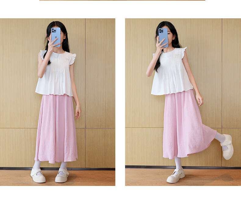 Moonkids Girls Short Sleeve Set Summer 2026 New Stylish Children's Dress Ice Silk Summer Big Kids Skirt and Pants Two-Piece 14